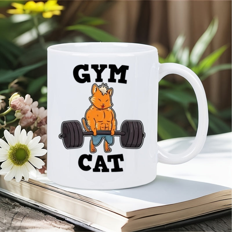 Tailorly White Ceramic 11 oz Mug - Gym Cat Strong Muscular Orange Feline Character Lifting Heavy Black Weight Barbell Cat