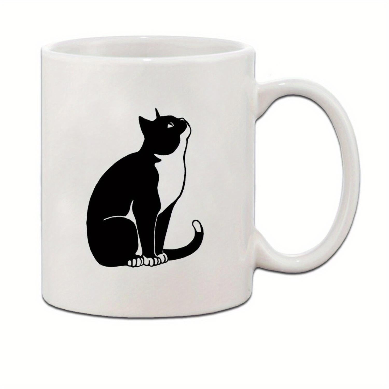 Tailorly White Ceramic 11 oz Mug - Minimalist Black And White Tuxedo Sitting Peacefully Looking Toward Sky Cat