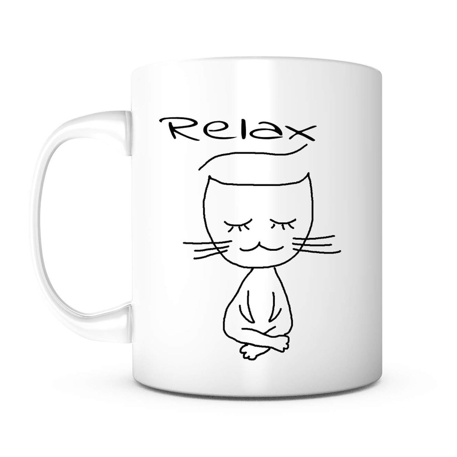 Tailorly White Ceramic 11 oz Mug - Relax Simple Line Art Of A Meditating Feline Resting In Peace Cat