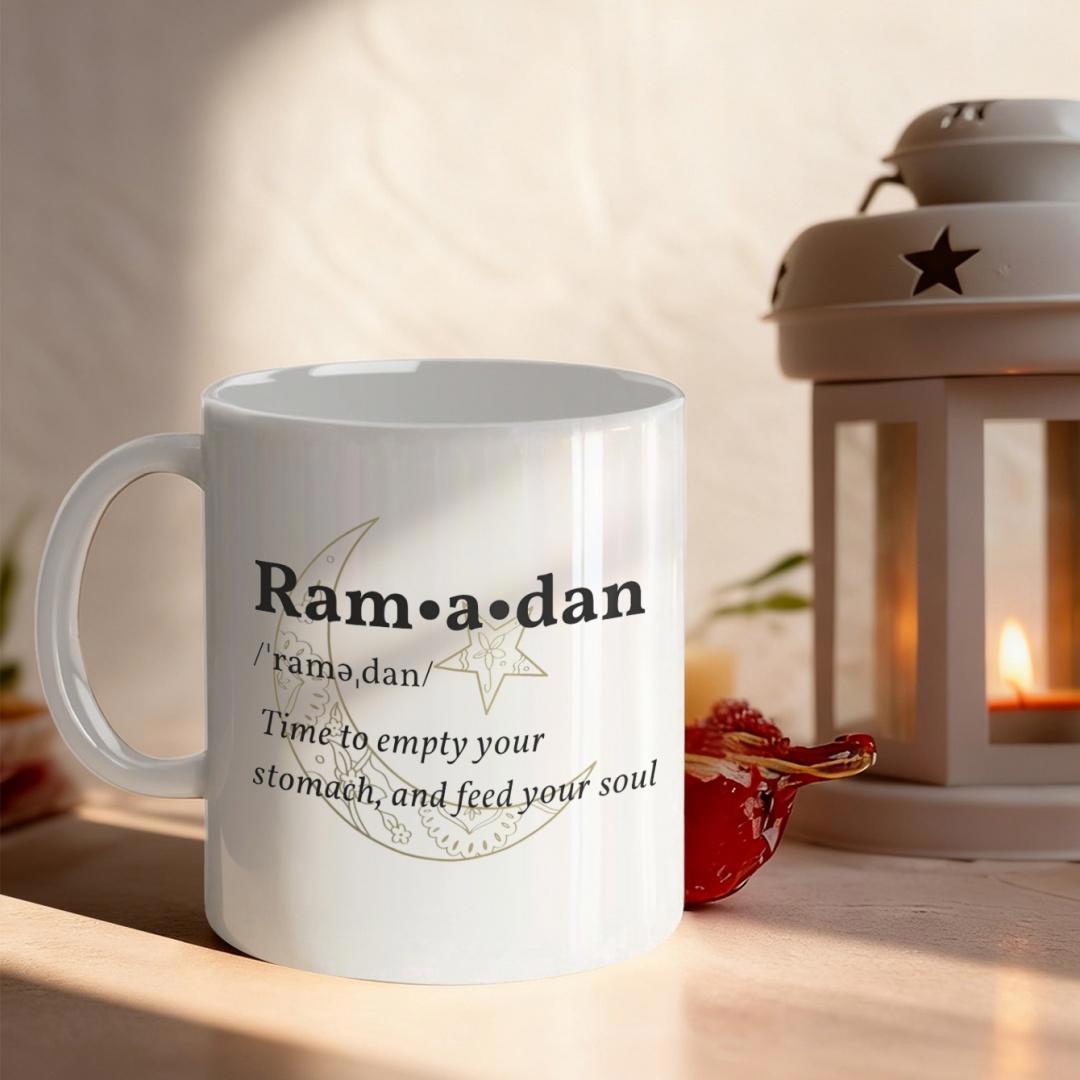 Tailorly White Ceramic 11 oz Mug - Ramadan Time To Empty Your Stomach And Feed Your Soul Minimalist Delicate Line Art Crescent Moon And Star Moon