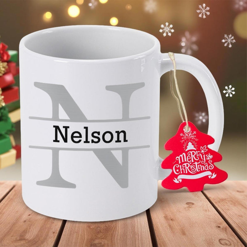 Tailorly White Ceramic 11 oz Mug - Nelson Merry Christmas Large Elegant Split Monogram Letter Featuring Personalized Bold Text Mug