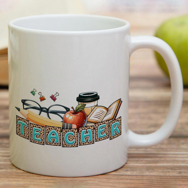 Tailorly White Ceramic 11 oz Mug - Teacher Academic Elements Featuring Eyeglasses Apple Pencil And Open Notebook Mug
