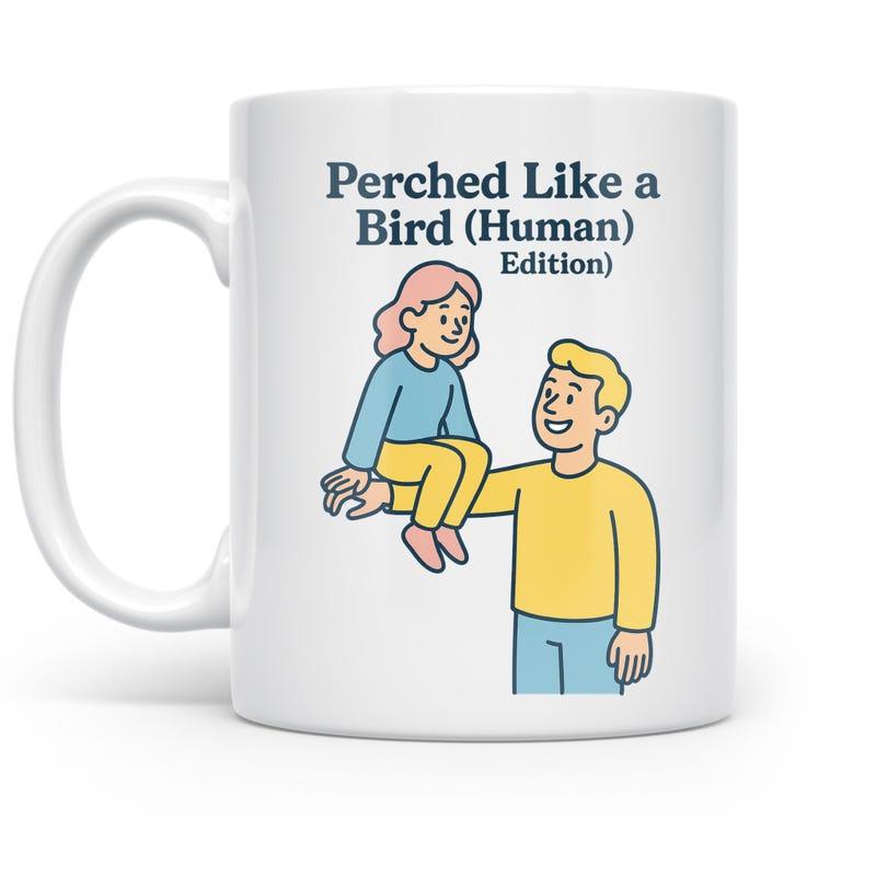 Tailorly White Ceramic 11 oz Mug - Perched Like A Bird Human Edition Minimalist Line Art Drawing Of Girl Sitting On Man Arm Illustration