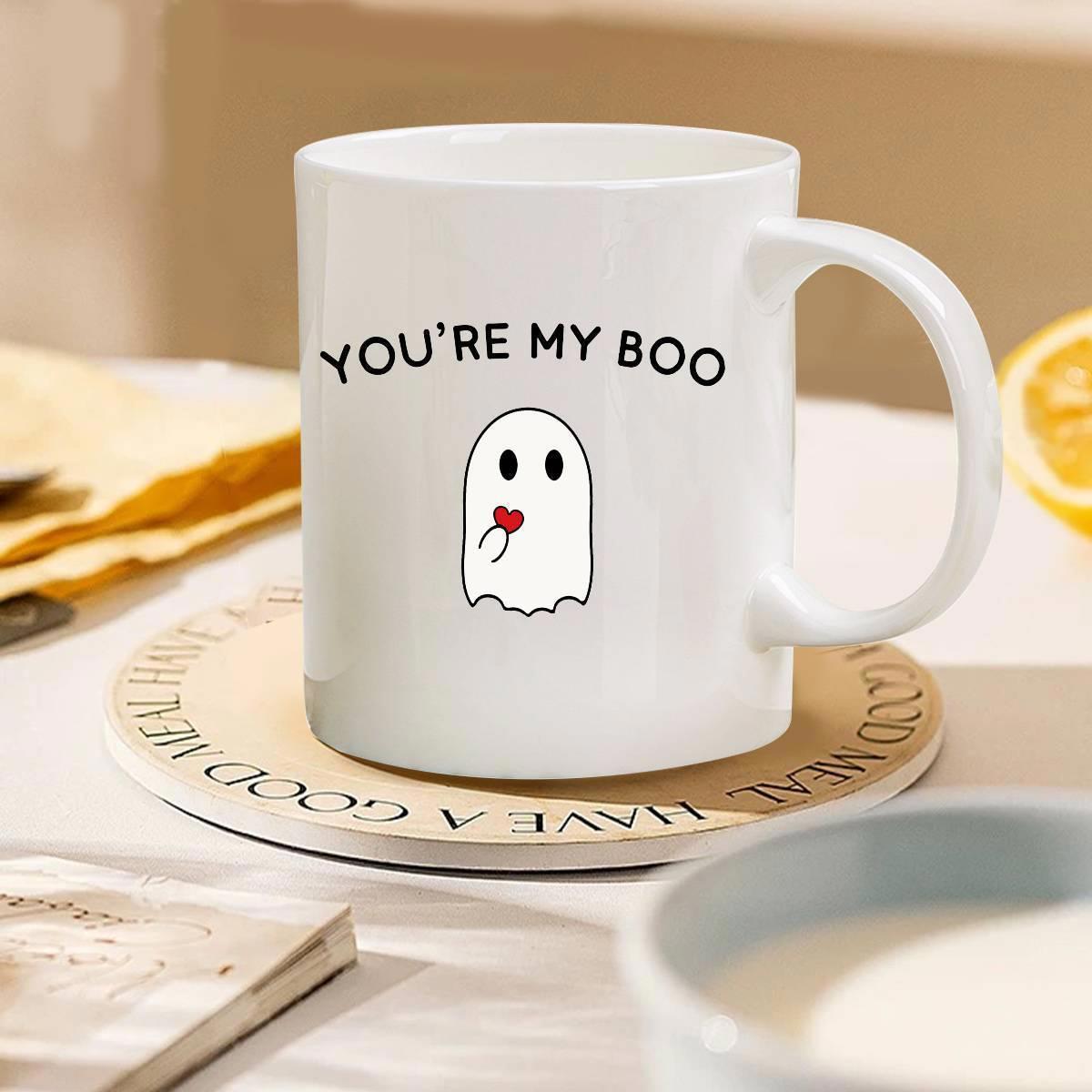 Tailorly White Ceramic 11 oz Mug - You're My Boo Cute Cartoon Style Character Holding A Small Red Heart Ghost