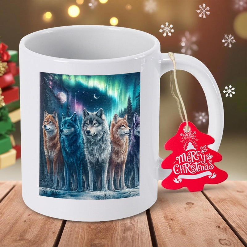 Tailorly White Ceramic 11 oz Mug - Merry Christmas Majestic Wild Pack Standing Under Glowing Aurora Borealis Night Sky Wolf