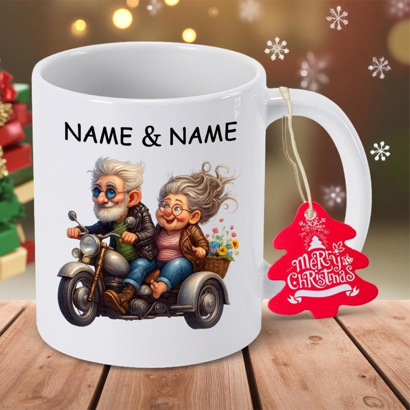 Tailorly White Ceramic 11 oz Mug - Name Name Joyful Elderly Couple Riding Vintage Classic Motorbike With Sidecar Motorcycle