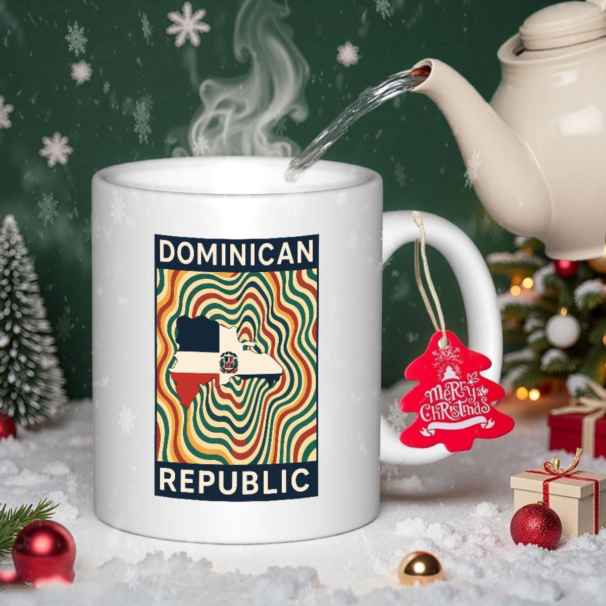 Tailorly White Ceramic 11 oz Mug - Dominican Republic Stylized Flag Motif Set Within Vibrant Psychedelic Flowing Wavy Lines Map