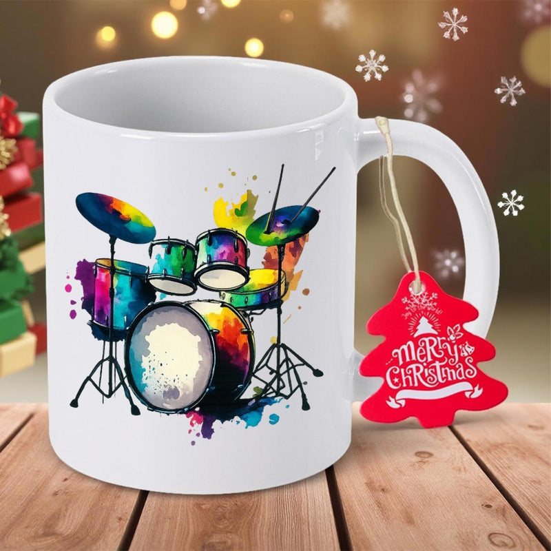 Tailorly White Ceramic 11 oz Mug - Merry Christmas Vibrant Watercolor Splatters Featuring A Musical Instrument With Artistic Colorful Drum Set