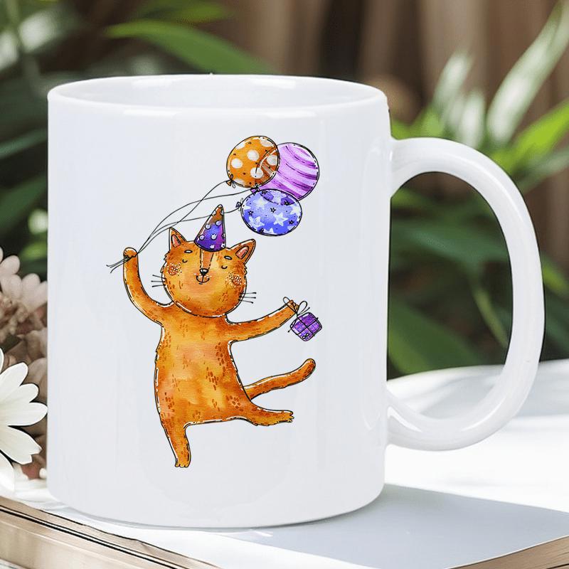 Tailorly White Ceramic 11 oz Mug - Whimsical Watercolor Ginger Feline Dancing With Festive Balloons And Party Hat Cat
