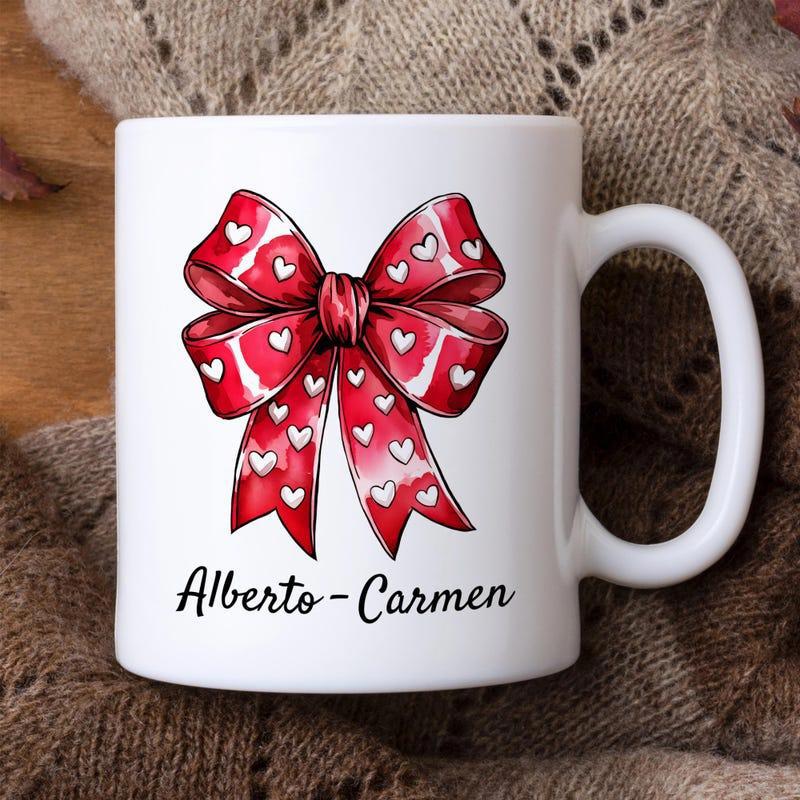 Tailorly White Ceramic 11 oz Mug - Alberto Carmen Vibrant Red Patterned With Small Delicate White Hearts And Shading Bow