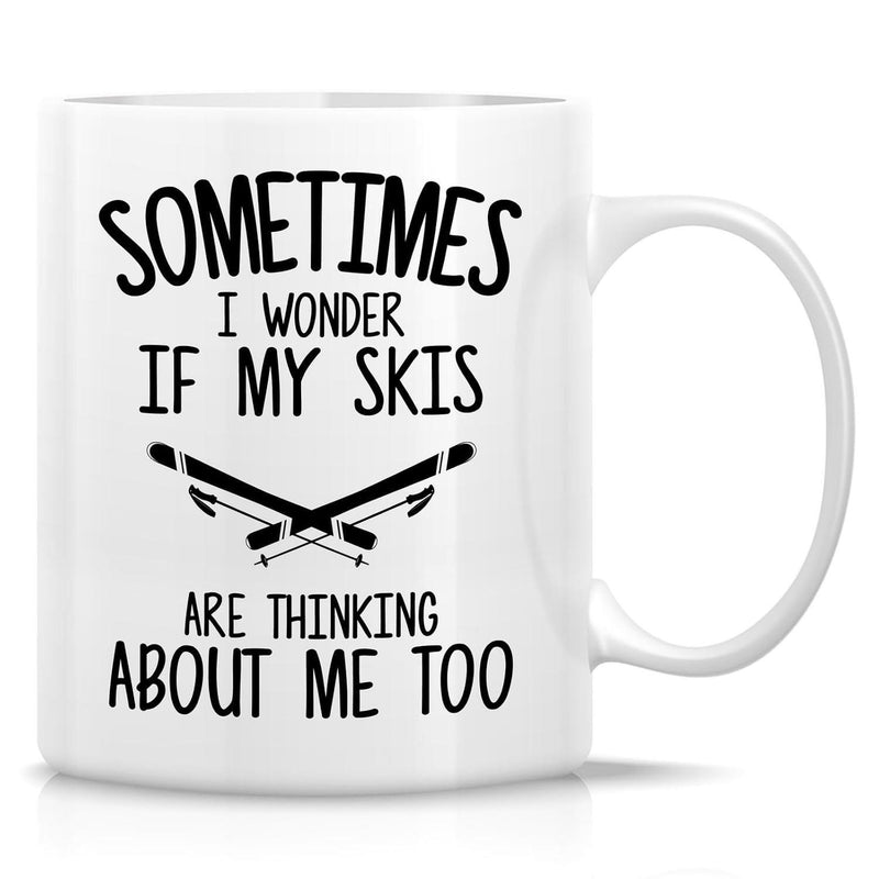 Tailorly White Ceramic 11 oz Mug - Sometimes I Wonder If My Skis Are Thinking About Me Too Simple Black Silhouette Crossed Sports Equipment Minimalist Winter Skis
