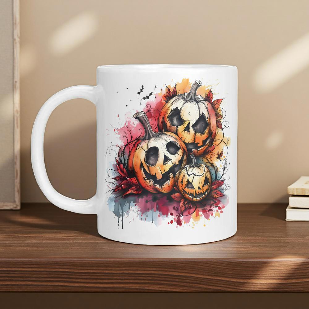 Tailorly White Ceramic 11 oz Mug - Watercolor Painted Spooky Halloween Design With Autumn Leaves And Bats Pumpkin