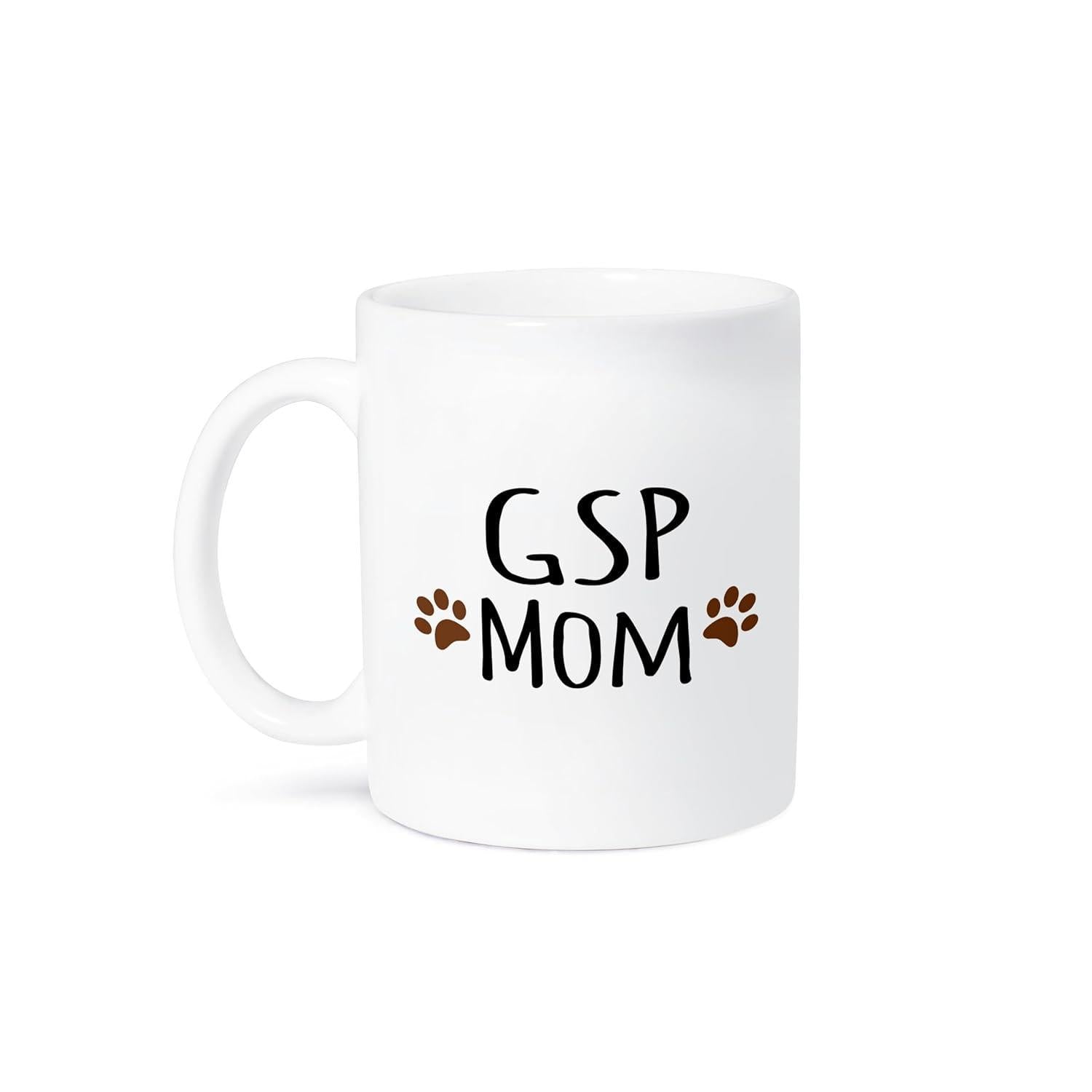 Tailorly White Ceramic 11 oz Mug - GSP MOM Simple Black Text Between Two Small Brown Animal Track Prints Paw