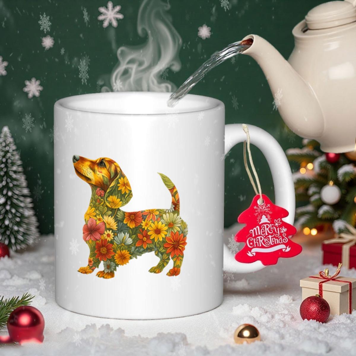 Tailorly White Ceramic 11 oz Mug - Merry Christmas Floral Pattern Silhouette Filled With Blooming Vibrant Colorful Garden Flowers Dachshund