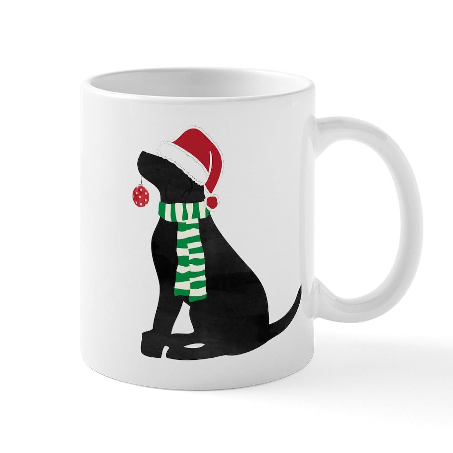 Tailorly White Ceramic 11 oz Mug - Black Silhouette Wearing A Festive Santa Hat And Striped Scarf Dog