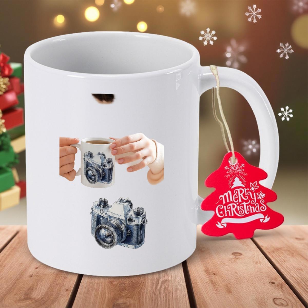 Tailorly White Ceramic 11 oz Mug - Classic Vintage Photography Equipment Design With Hands Holding Small Coffee Mug Camera