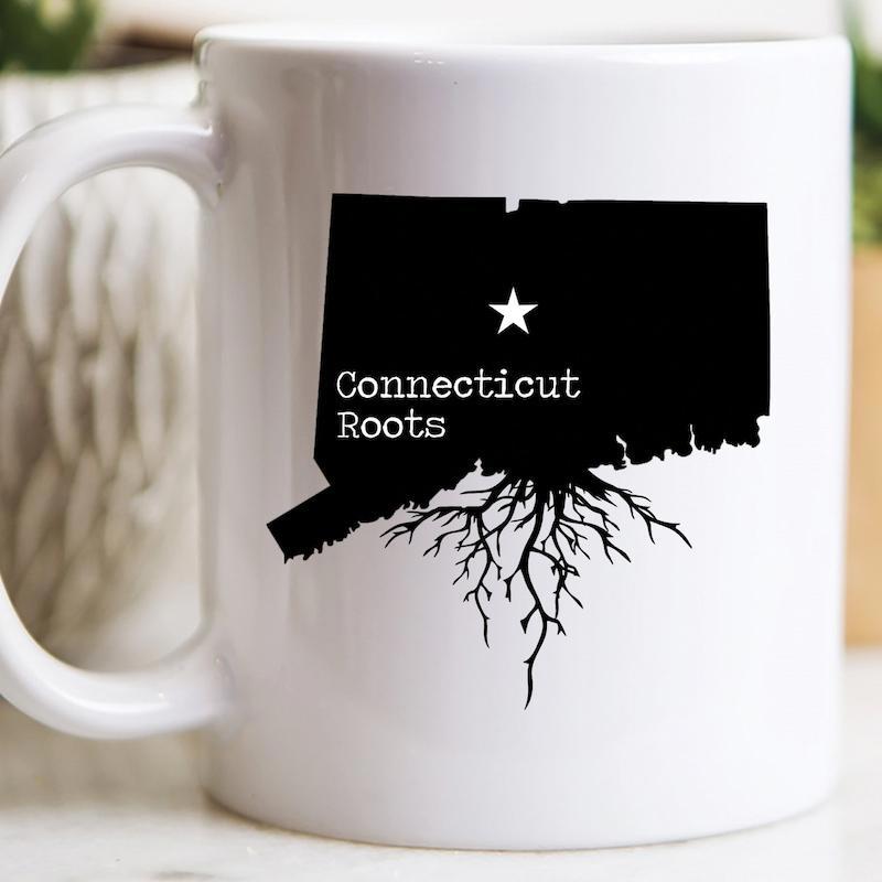 Tailorly White Ceramic 11 oz Mug - Connecticut Roots Black State Map Silhouette With Intricate Tree Roots Branching Downward Connecticut