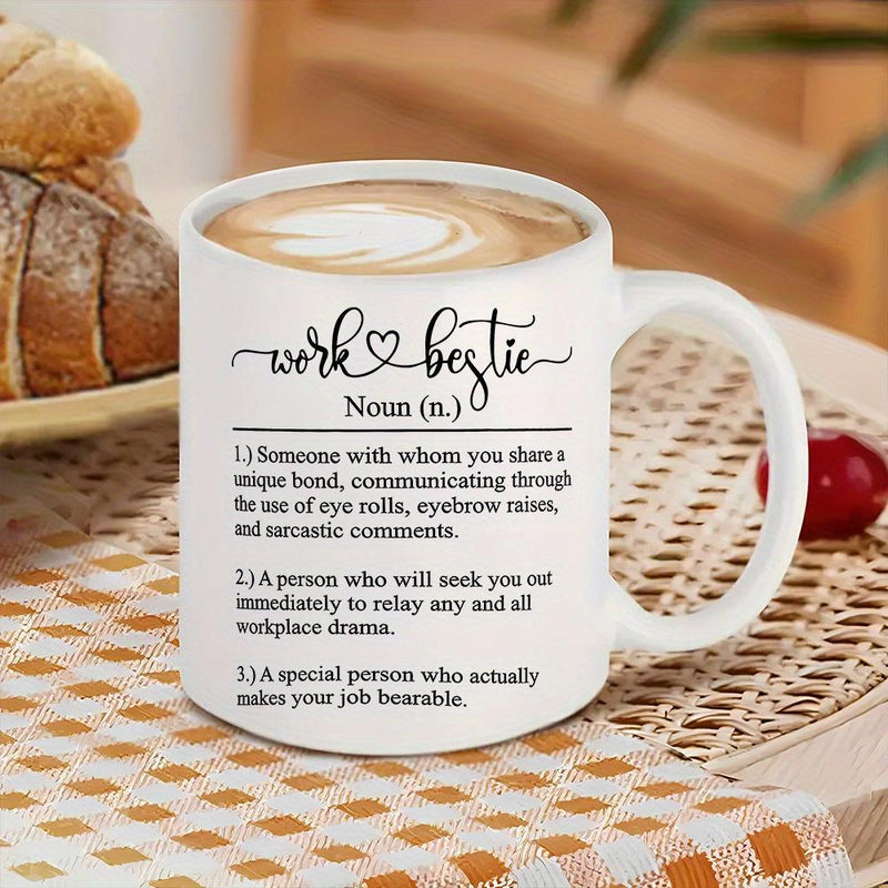 Tailorly White Ceramic 11 oz Mug - Work Bestie Minimalist Typography With Elegant Script And Decorative Heart Centered Layout Mug