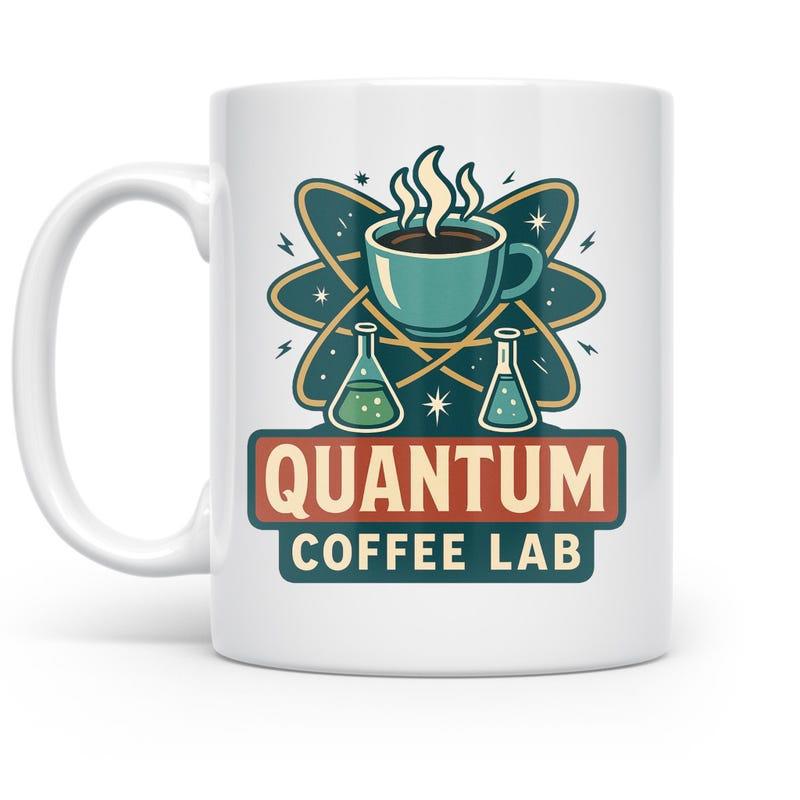 Tailorly White Ceramic 11 oz Mug - Quantum Coffee Lab Atomic Orbits With Lab Flasks Steam Rising Over Hot Drink Cup