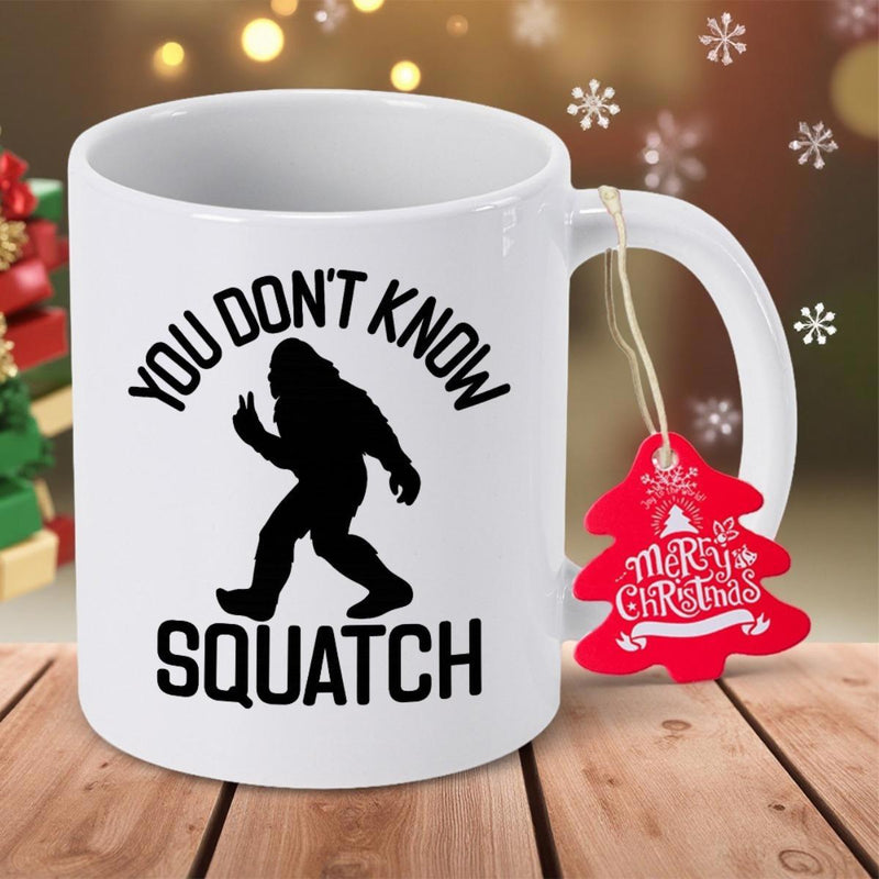 Tailorly White Ceramic 11 oz Mug - You Don't Know Squatch Mysterious Forest Creature Walking Gracefully While Making A Friendly Peace Sign Sasquatch