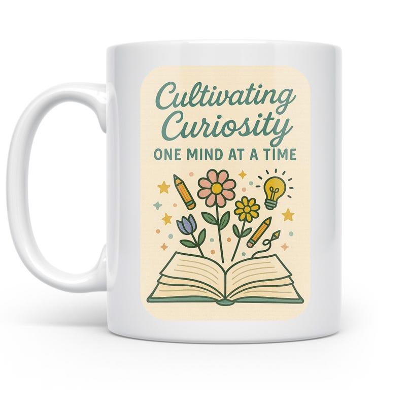 Tailorly White Ceramic 11 oz Mug - Cultivating Curiosity One Mind At A Time Blossoming Flowers And Pencils Emerging From An Open Vintage Style Book
