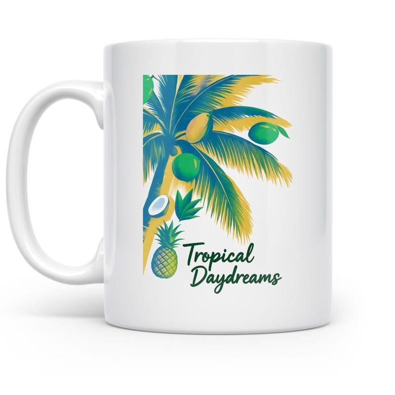 Tailorly White Ceramic 11 oz Mug - Tropical Daydreams Vibrant Green Palm Tree Branches With Golden Sunlight And Tropical Fruits Palm Tree