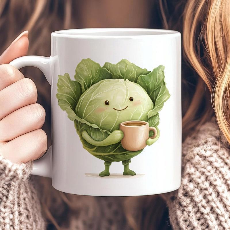 Tailorly White Ceramic 11 oz Mug - Cute Smiling Green Vegetable Character Holding Small Cup Of Coffee Cabbage