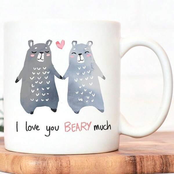 Tailorly White Ceramic 11 oz Mug - I Love You Beary Much Two Charming Watercolor Bears Holding Hands Beneath A Small Pink Heart Bear