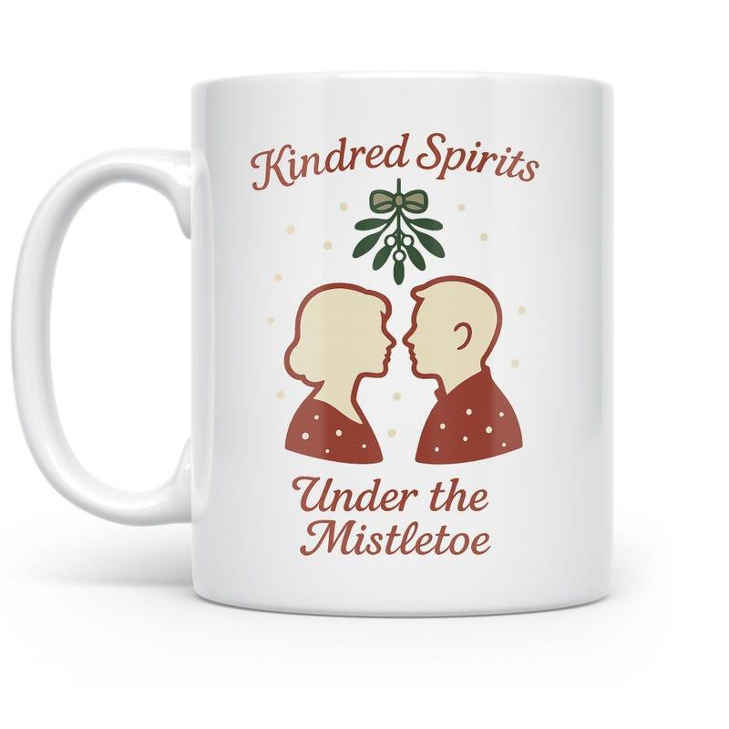 Tailorly White Ceramic 11 oz Mug - Kindred Spirits Under The Mistletoe Romantic Couple Facing Each Other Beneath Green Festive Mistletoe Couple
