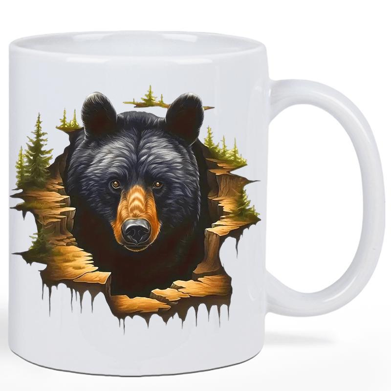 Tailorly White Ceramic 11 oz Mug - Powerful Wild Black Bear Emerging From A Torn Hole Within Pine Trees Bear