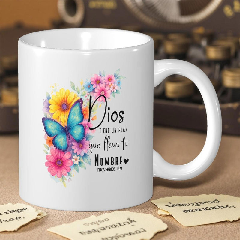 Tailorly White Ceramic 11 oz Mug - Vibrant Colorful Watercolor Flowers Among A Graceful Flying Blue Butterfly