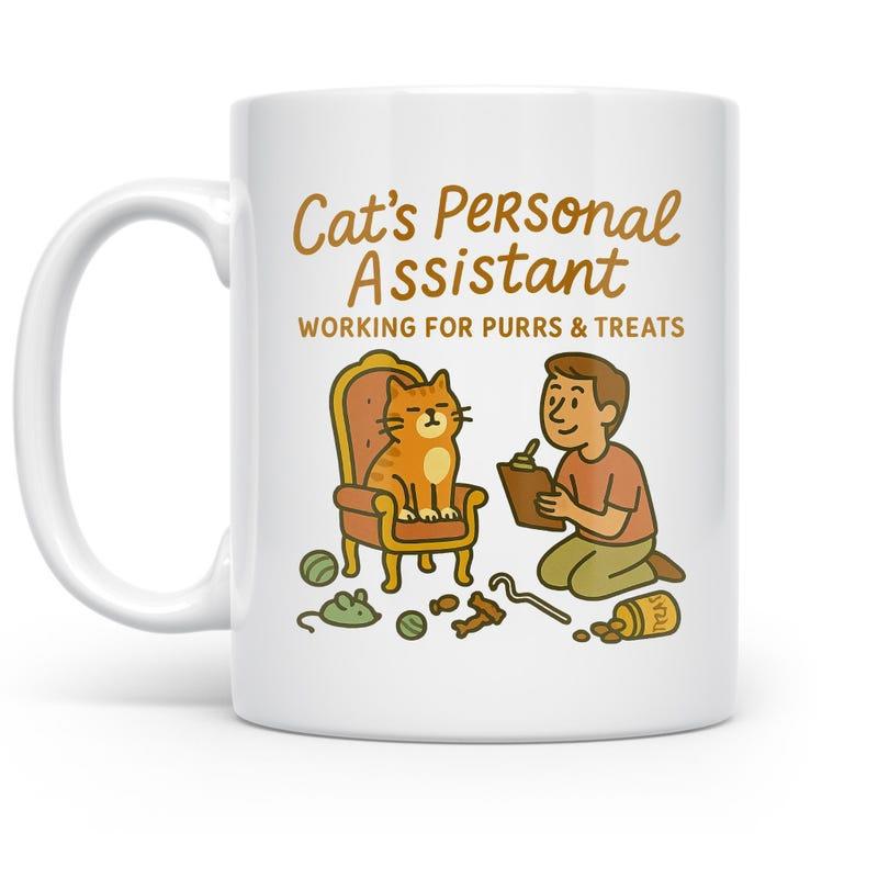 Tailorly White Ceramic 11 oz Mug - Cats Personal Assistant Working For Purrs Treats Orange Tabby Cat Sitting On A Throne Beside A Kneeling Personal Assistant Cat
