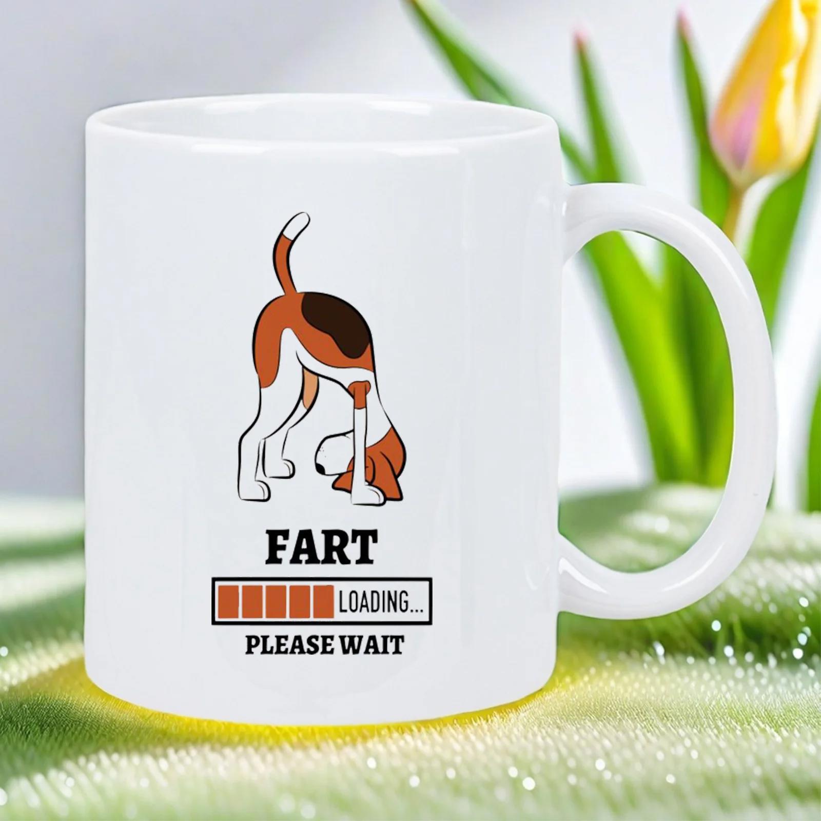 Tailorly White Ceramic 11 oz Mug - Fart Loading Please Wait Playful Cartoon Beagle Bowing Down With Orange Progress Bar Dog