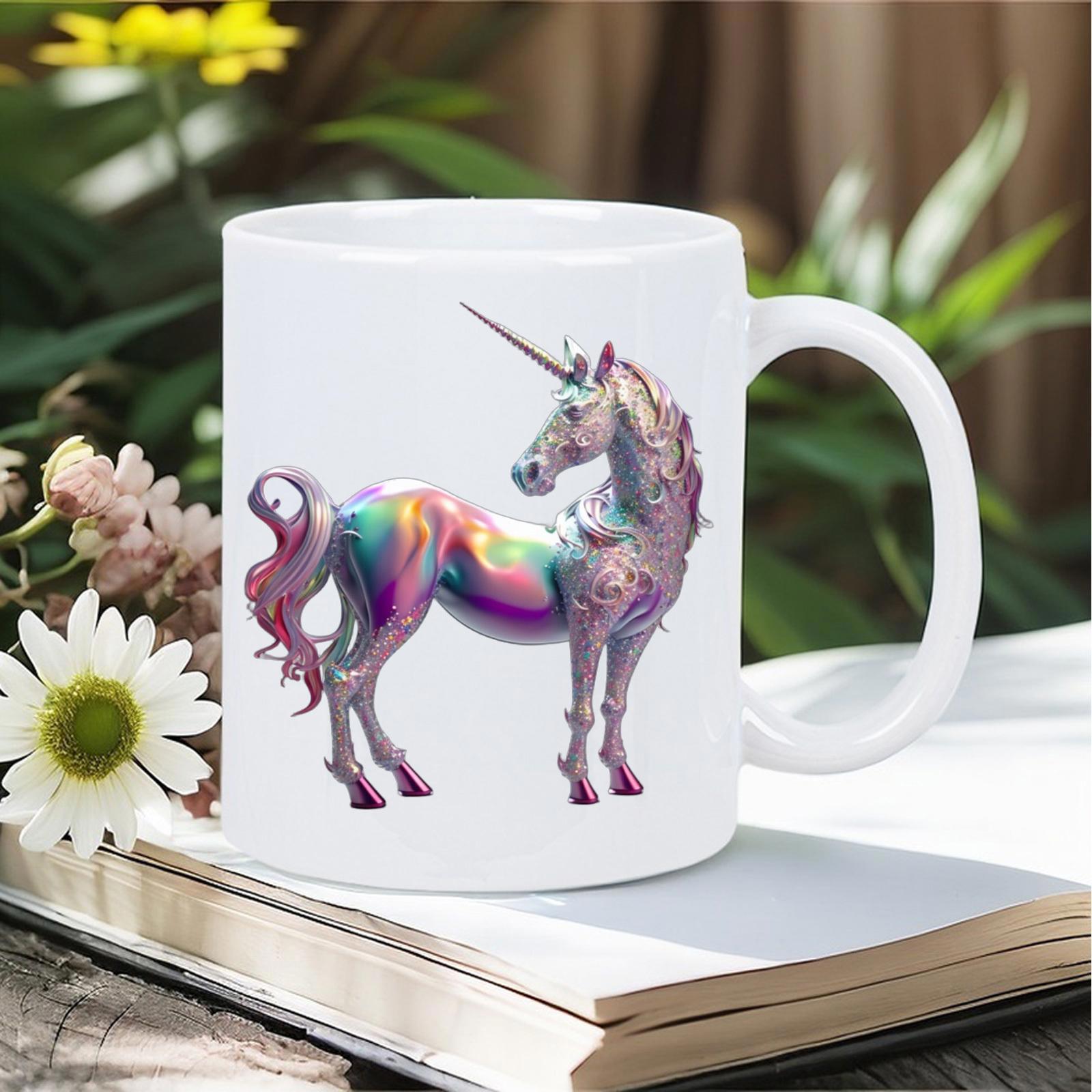 Tailorly White Ceramic 11 oz Mug - Majestic Iridescent Mythical Creature Standing With Radiant Rainbow Shimmering Colors Unicorn