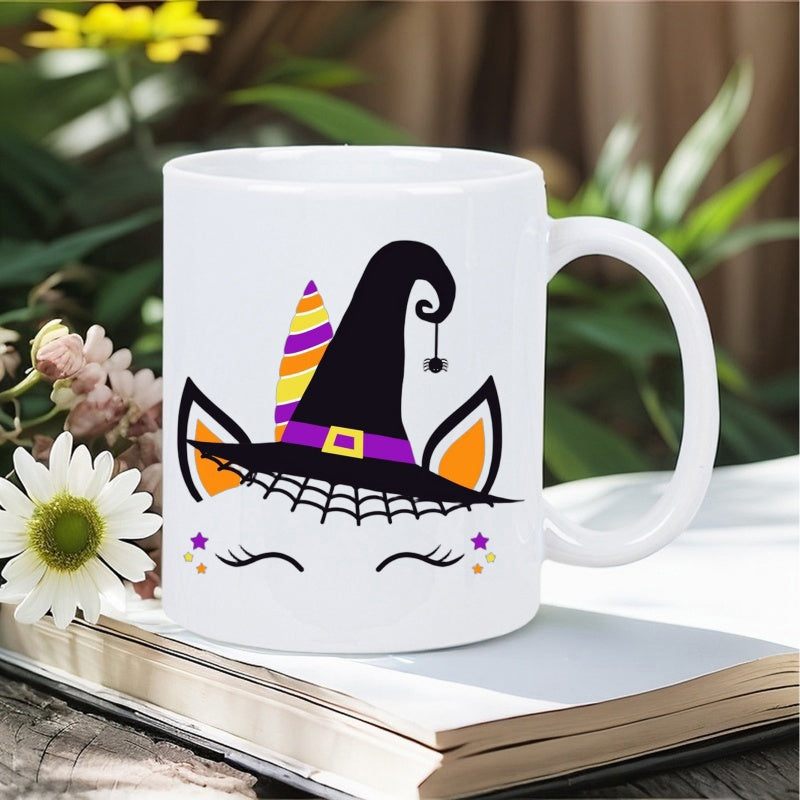 Tailorly White Ceramic 11 oz Mug - Halloween Themed Witch Hat Featuring Colorful Striped Horn And Smiling Eyelashes Unicorn