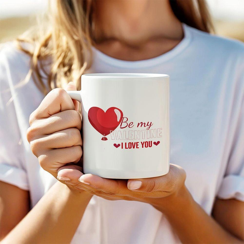 Tailorly White Ceramic 11 oz Mug - Be My Valentine I Love You Vibrant Glossy Red Heart Balloon Beside Script Message On Polished
