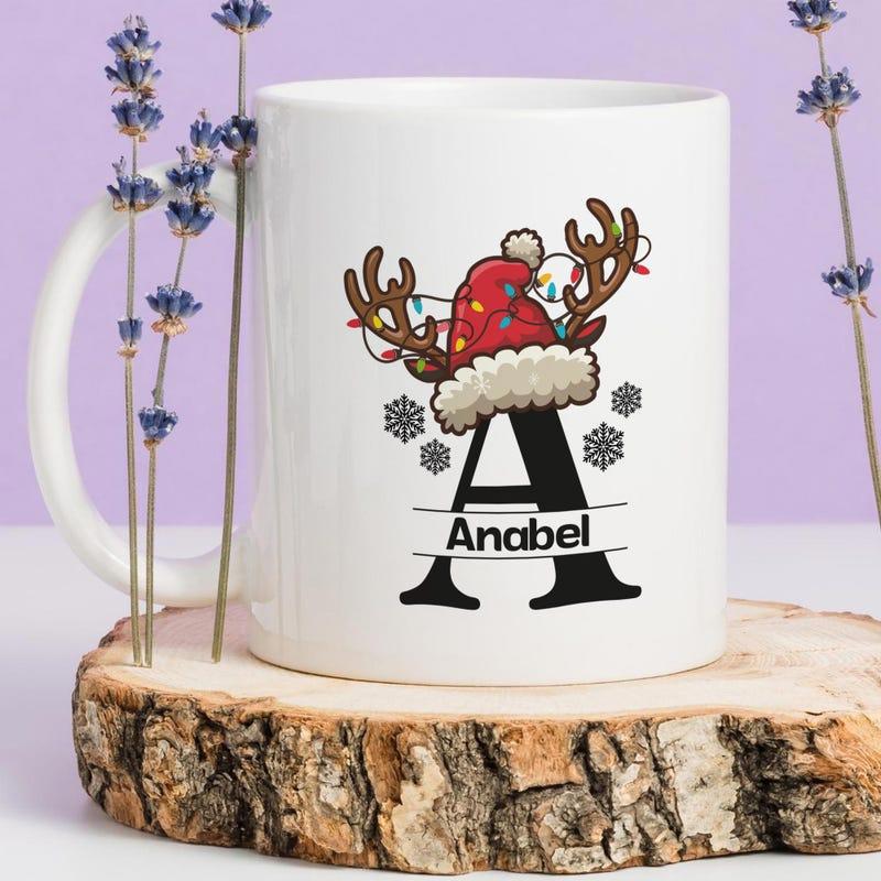 Tailorly White Ceramic 11 oz Mug - Anabel Festive Reindeer Antlers Wearing Santa Hat With Glowing Christmas Lights Mug