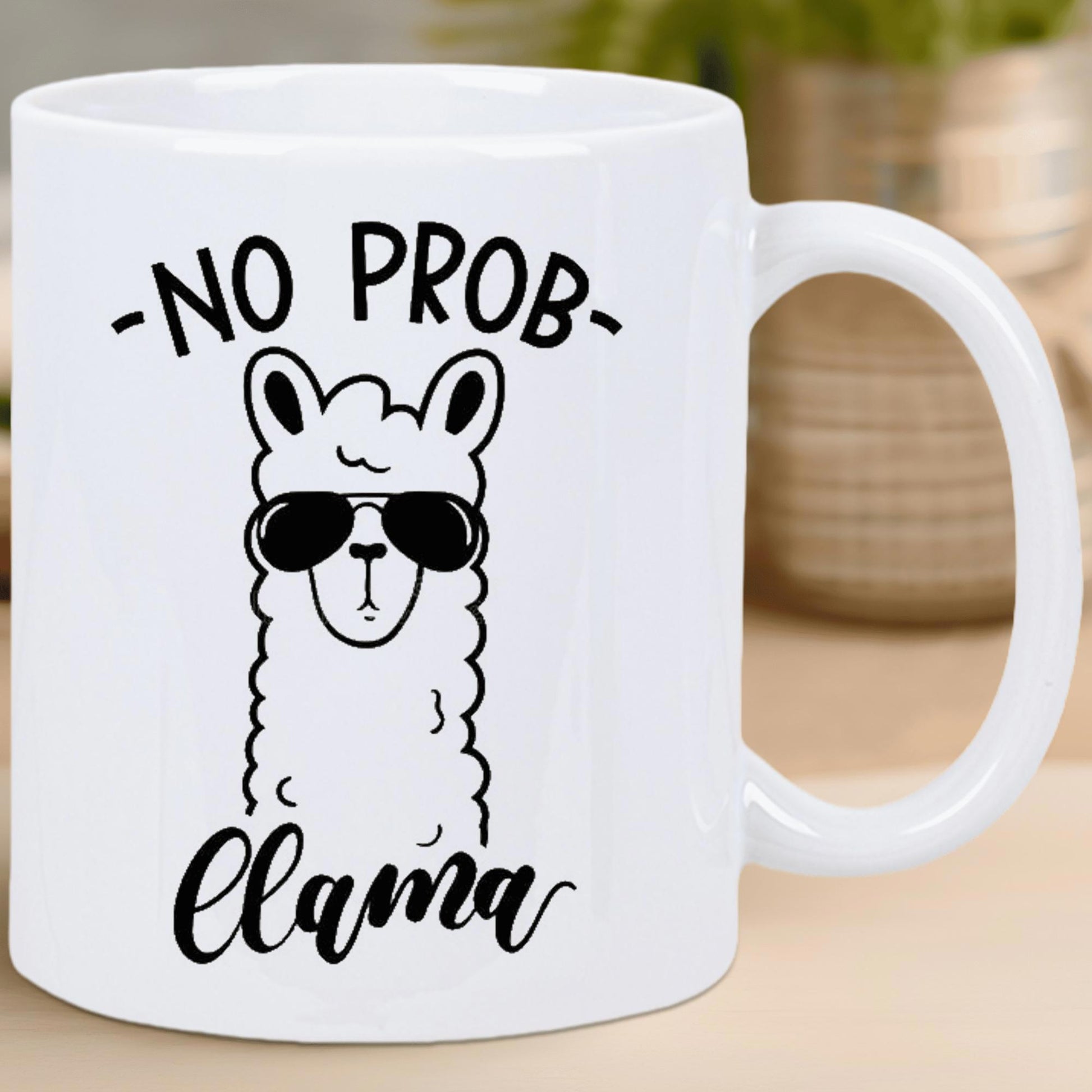 Tailorly White Ceramic 11 oz Mug - No Prob Llama Cartoon Alpaca Wearing Cool Sunglasses And Posing With Minimalist Outline Llama