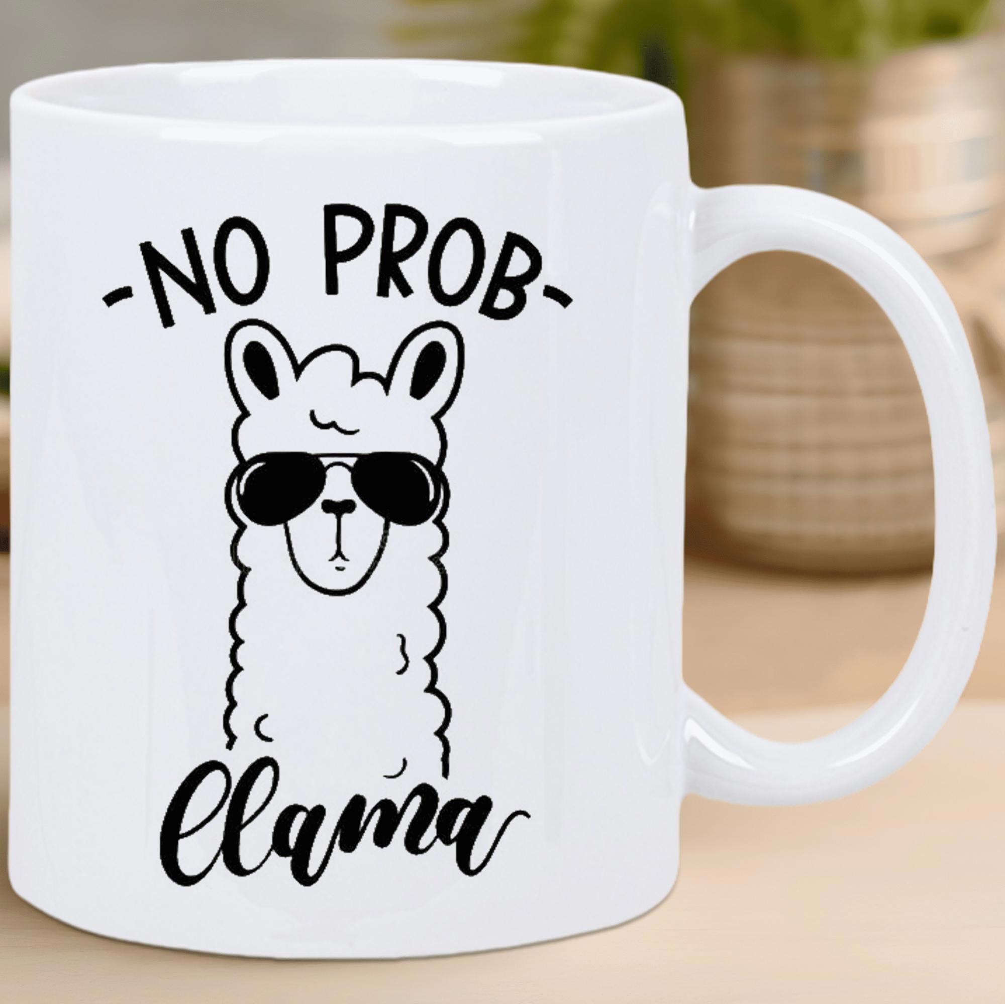 Tailorly White Ceramic 11 oz Mug - No Prob Llama Cartoon Alpaca Wearing Cool Sunglasses And Posing With Minimalist Outline Llama
