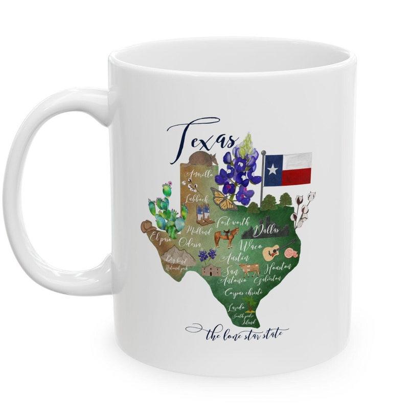 Tailorly White Ceramic 11 oz Mug - Texas The Lone Star State Hand Painted Watercolor Map Featuring Bluebonnets And Cacti Within Vibrant Green Texas