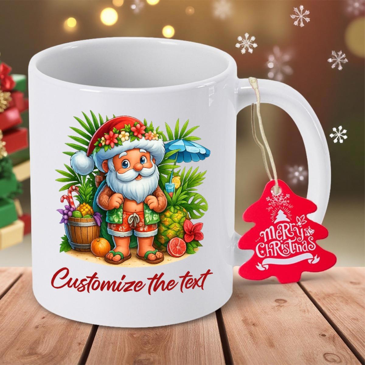 Tailorly White Ceramic 11 oz Mug - Customize The Text Merry Christmas Festive Summer Theme With Tropical Plants And Joyful Holiday Santa Claus