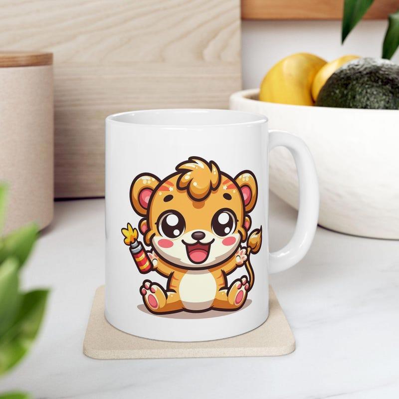Tailorly White Ceramic 11 oz Mug - Adorable Smiling Cartoon Tiger Cub Sitting Comfortably While Holding Small Torch Tiger