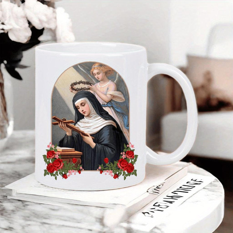 Tailorly White Ceramic 11 oz Mug - Classic Religious Painting Of An Angel Crowning A Holy Blessed Saint