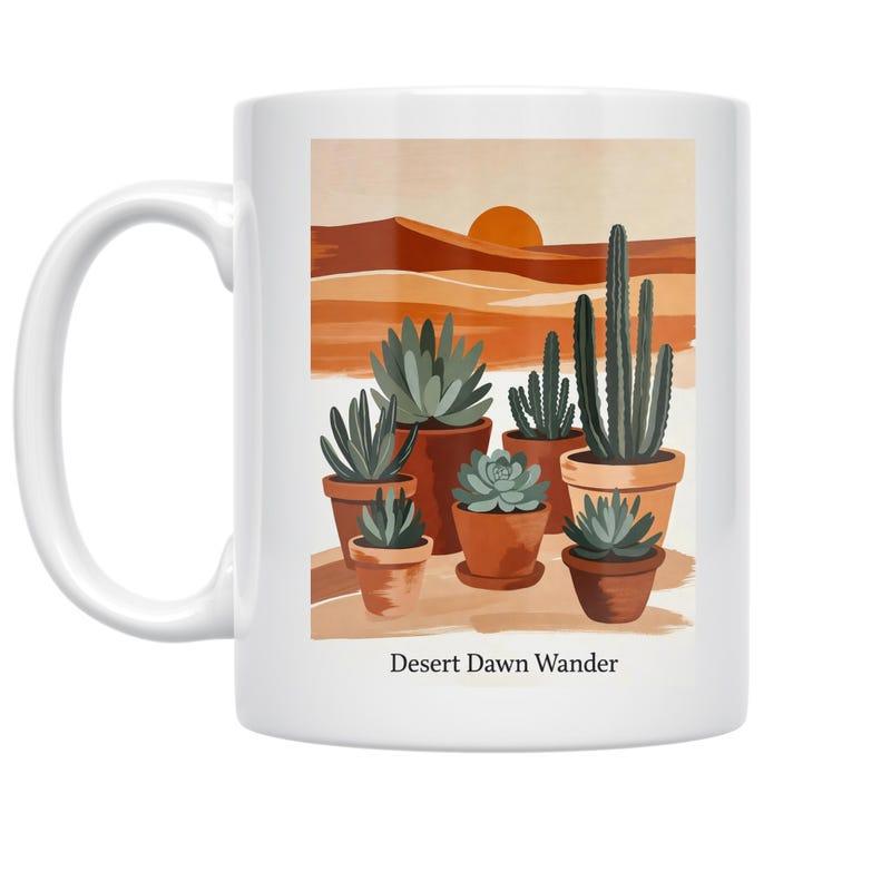 Tailorly White Ceramic 11 oz Mug - Desert Dawn Wander Bohemian Potted Succulents Standing Before Glowing Desert Sand Dunes Under Rising Sun Cactus