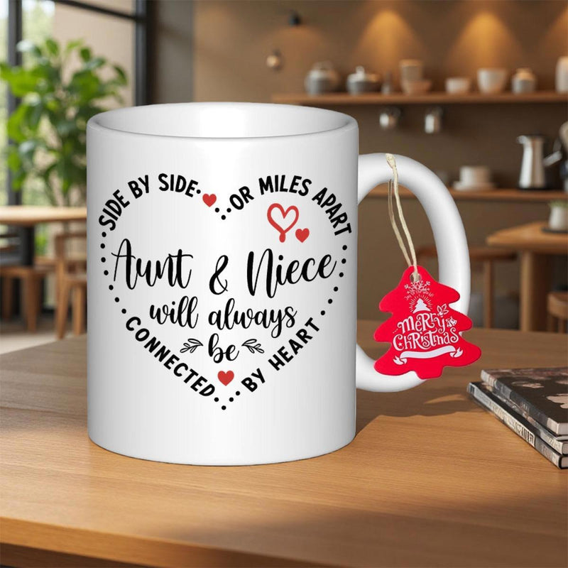 Tailorly White Ceramic 11 oz Mug - Side By Side Or Miles Apart Aunt Niece Will Always Be Connected By Heart Merry Christmas Dotted Heart Pattern With Red Accents