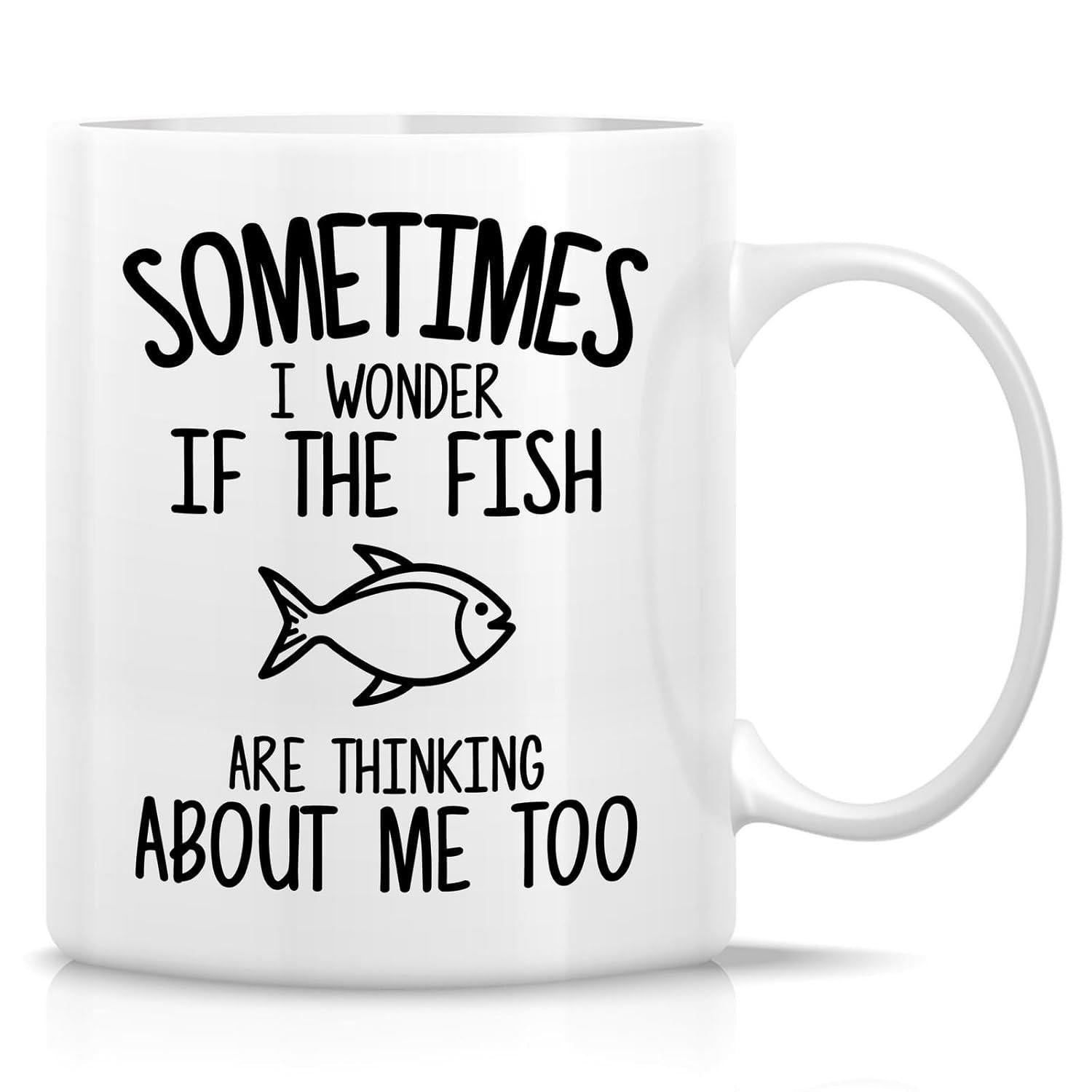 Tailorly White Ceramic 11 oz Mug - Sometimes I Wonder If The Fish Are Thinking About Me Too Simple Black Line Art Illustration Showing A Swimming Aquatic Creature