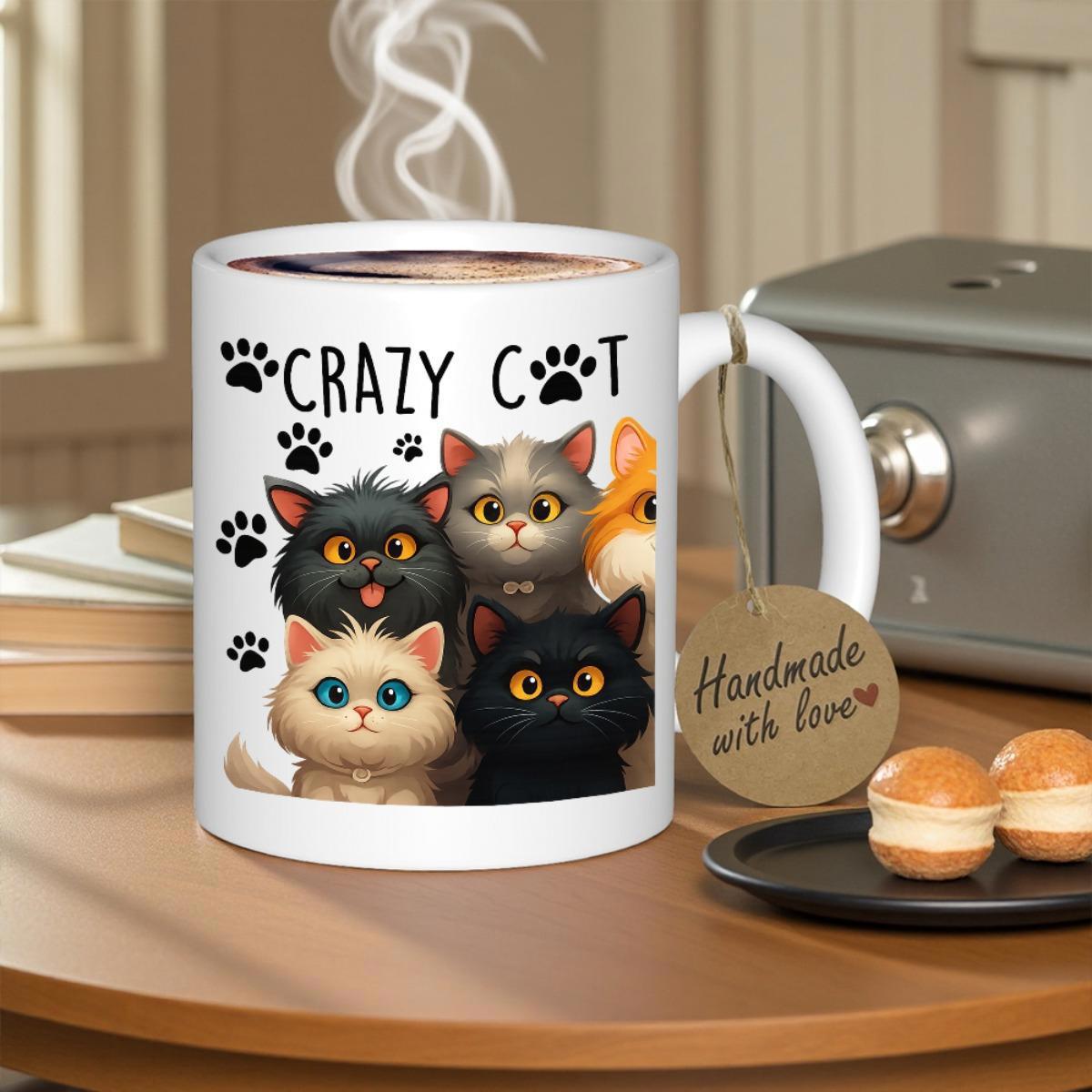 Tailorly White Ceramic 11 oz Mug - Crazy Cat Playful Group Of Diverse Fluffy Kittens Playing Among Paw Prints Cat