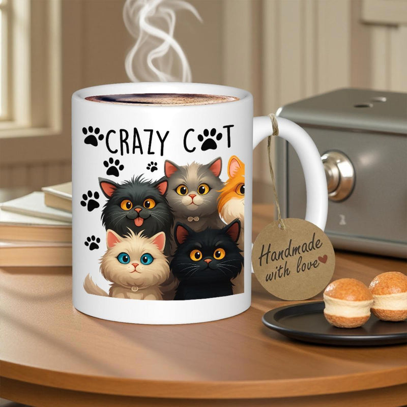 Tailorly White Ceramic 11 oz Mug - Crazy Cat Playful Group Of Diverse Fluffy Kittens Playing Among Paw Prints Cat