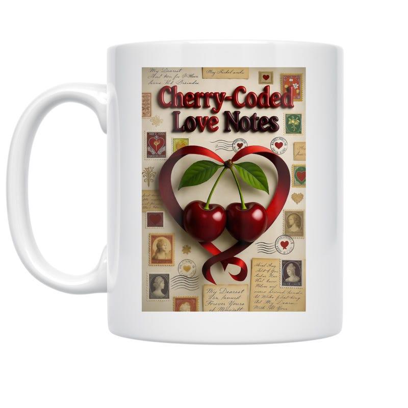 Tailorly White Ceramic 11 oz Mug - Cherry Coded Love Notes Red Heart Ribbon Frame Surrounding Ripe Fruit On Vintage Parchment Cherry