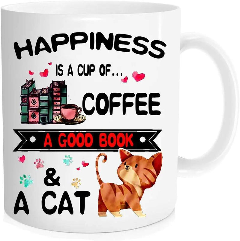 Tailorly White Ceramic 11 oz Mug - Happiness Is A Cup Of Coffee A Good Book A Cat Whimsical Illustrations Featuring Books Hearts And Paw Prints Around A Ginger Cat